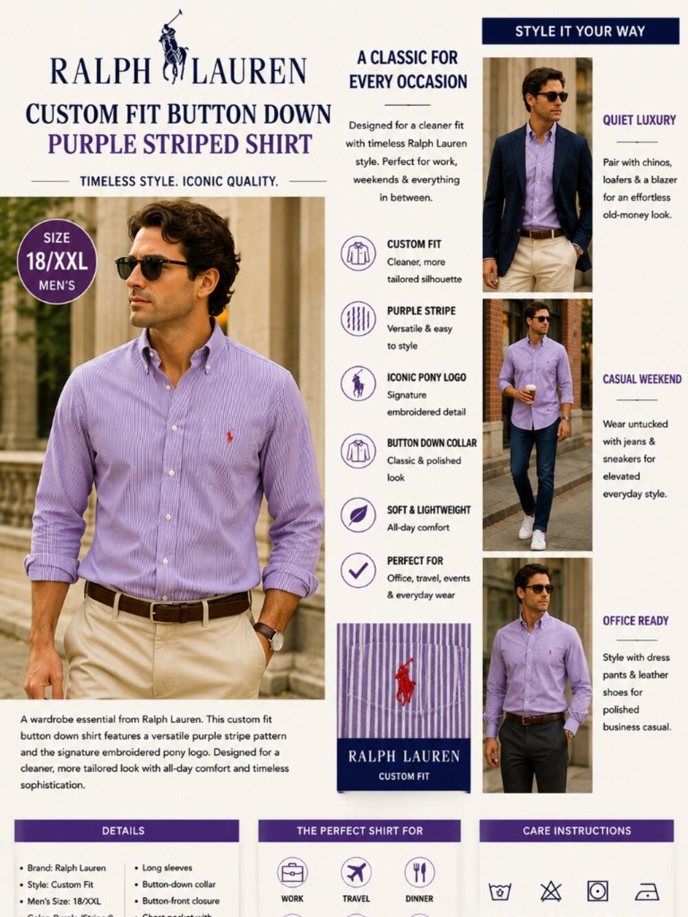 Ralph Lauren Custom Fit Purple Stripe Button Down XXL Classic Designer Preppy